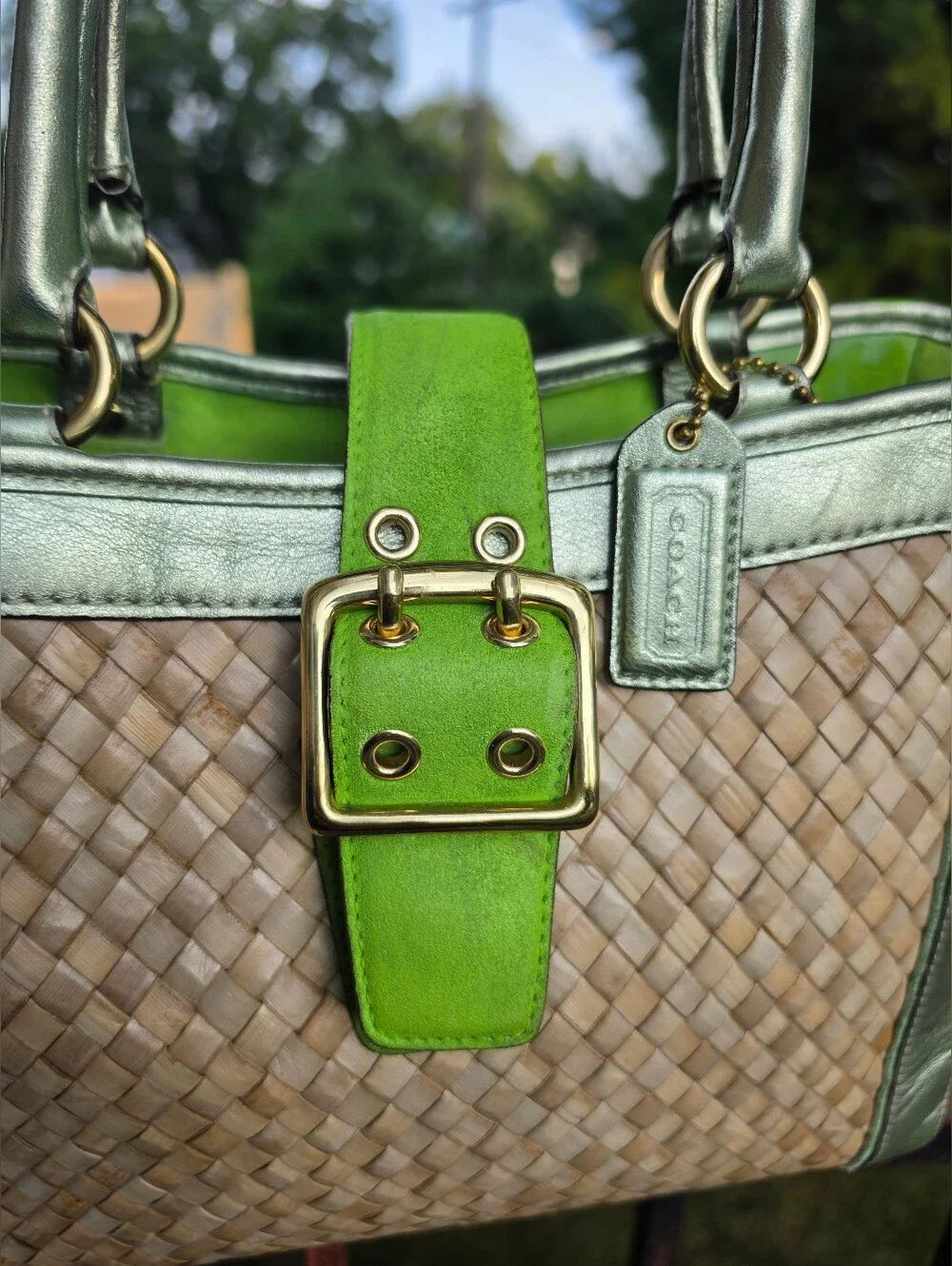 Vintage  Coach Woven Straw Satchel, Green Suade Leather.2004